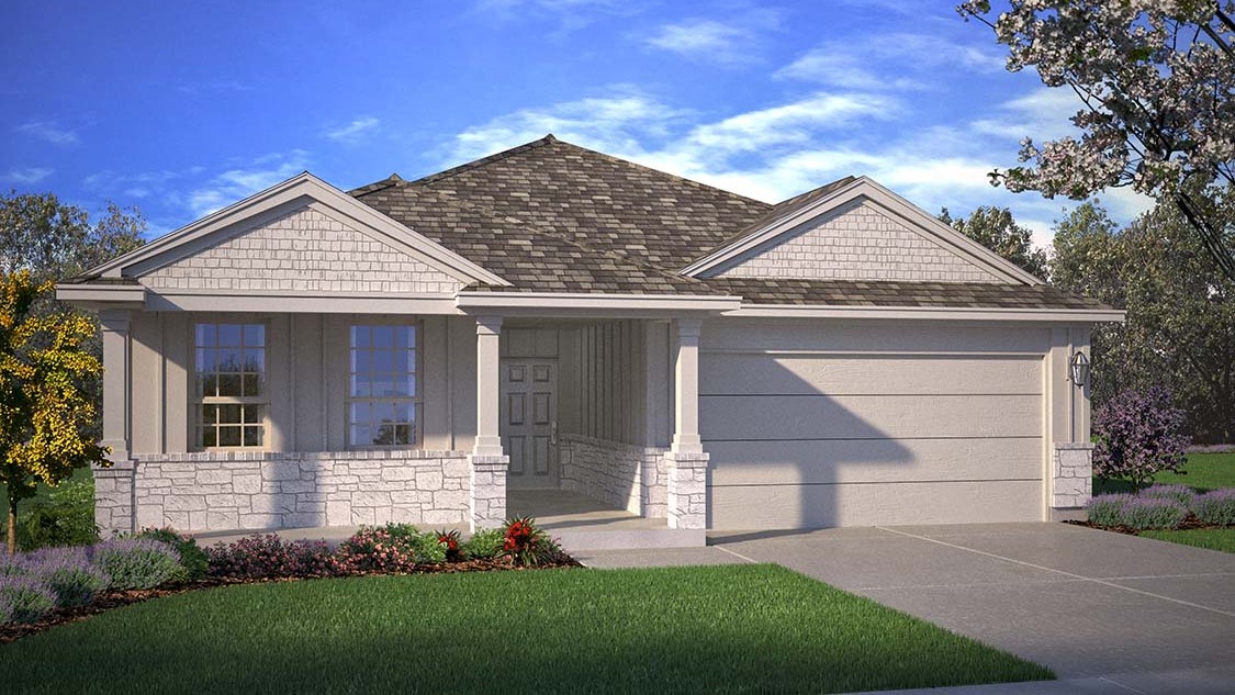 Exterior rendering of single story modern farmhouse style home