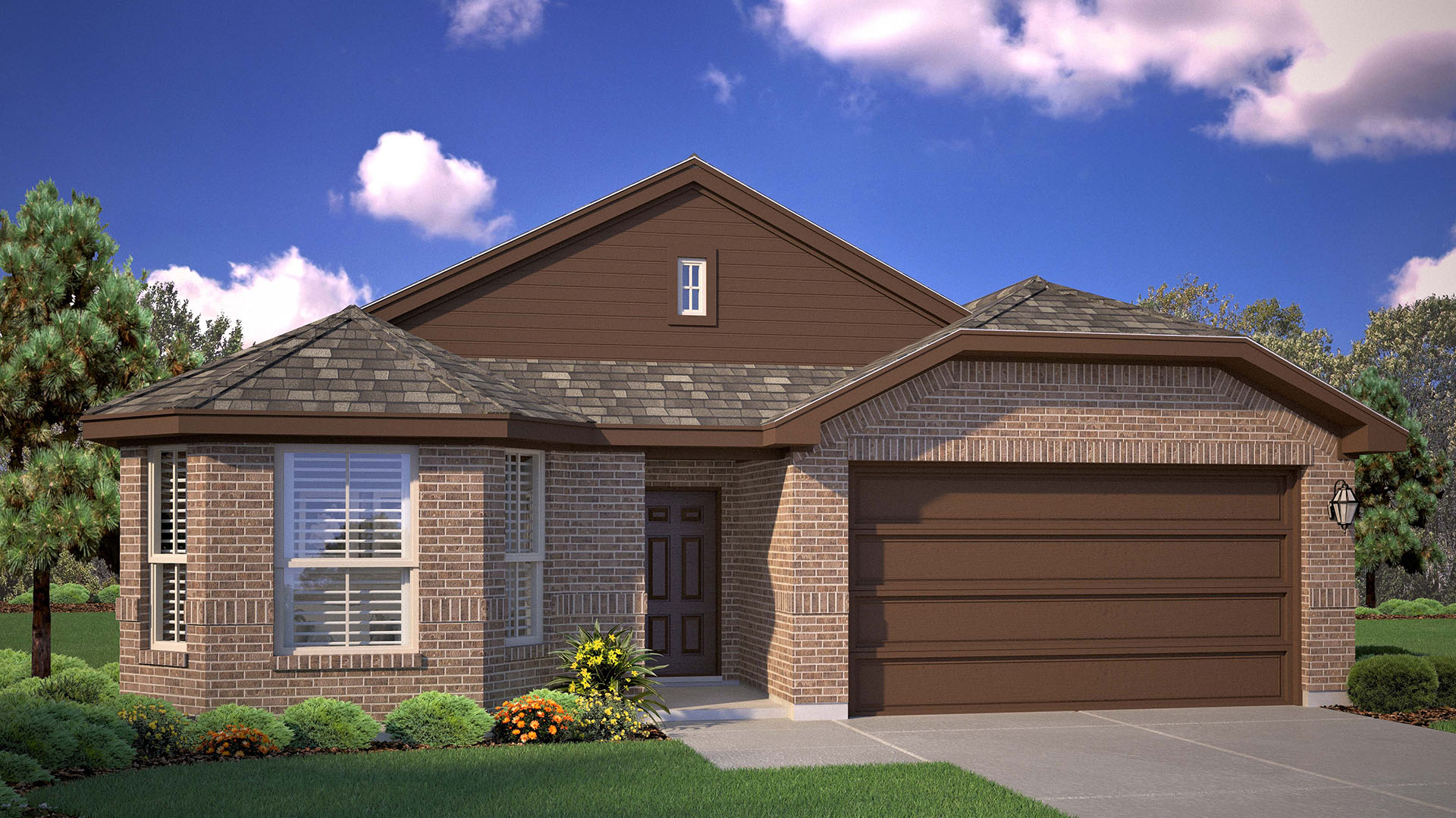Exterior rendering of single story modern brick style home