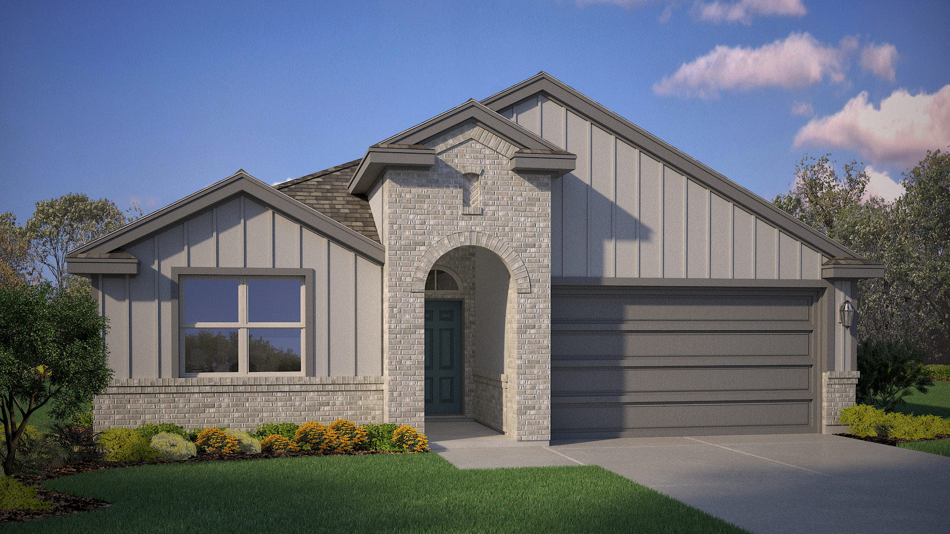 Exterior rendering of single story farmhouse style home