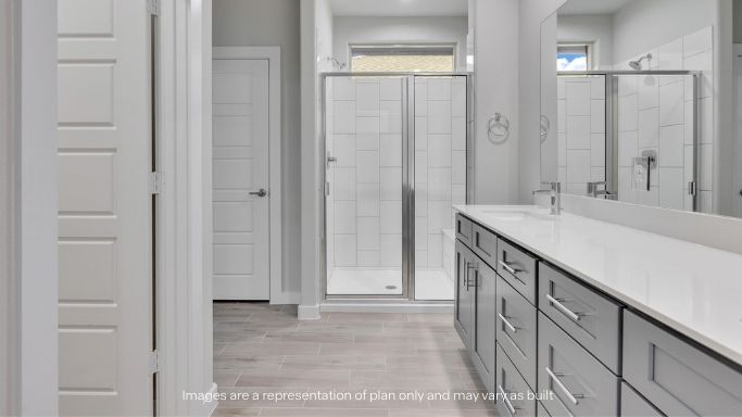 Primary bathroom with luxurious shower and built in storage