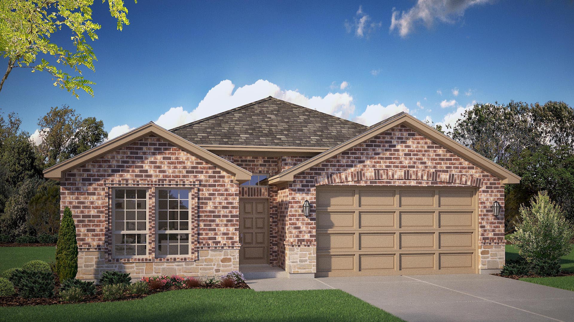 Exterior rendering of single story modern brick style home