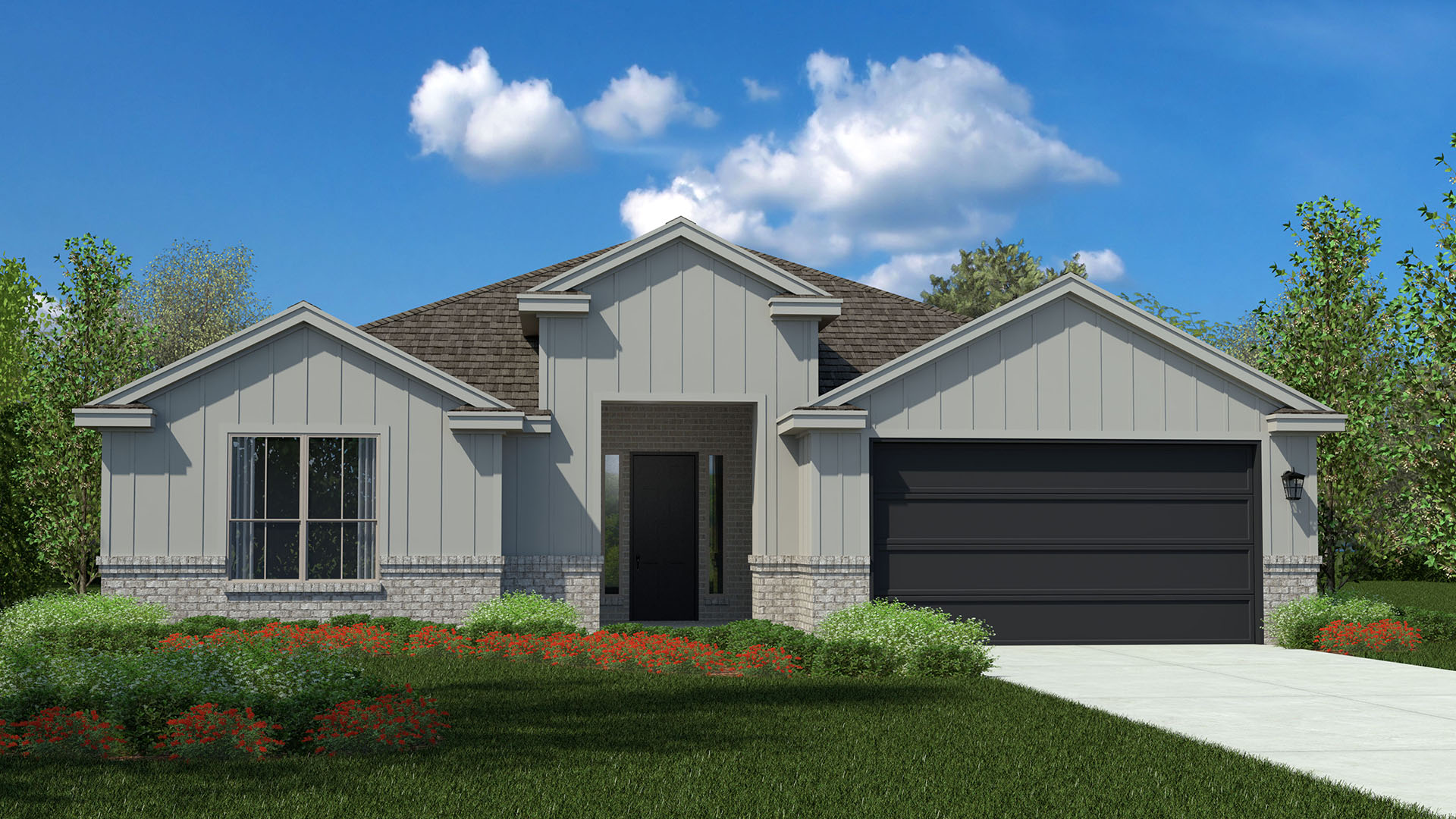 Exterior rendering of single story modern farmhouse style home