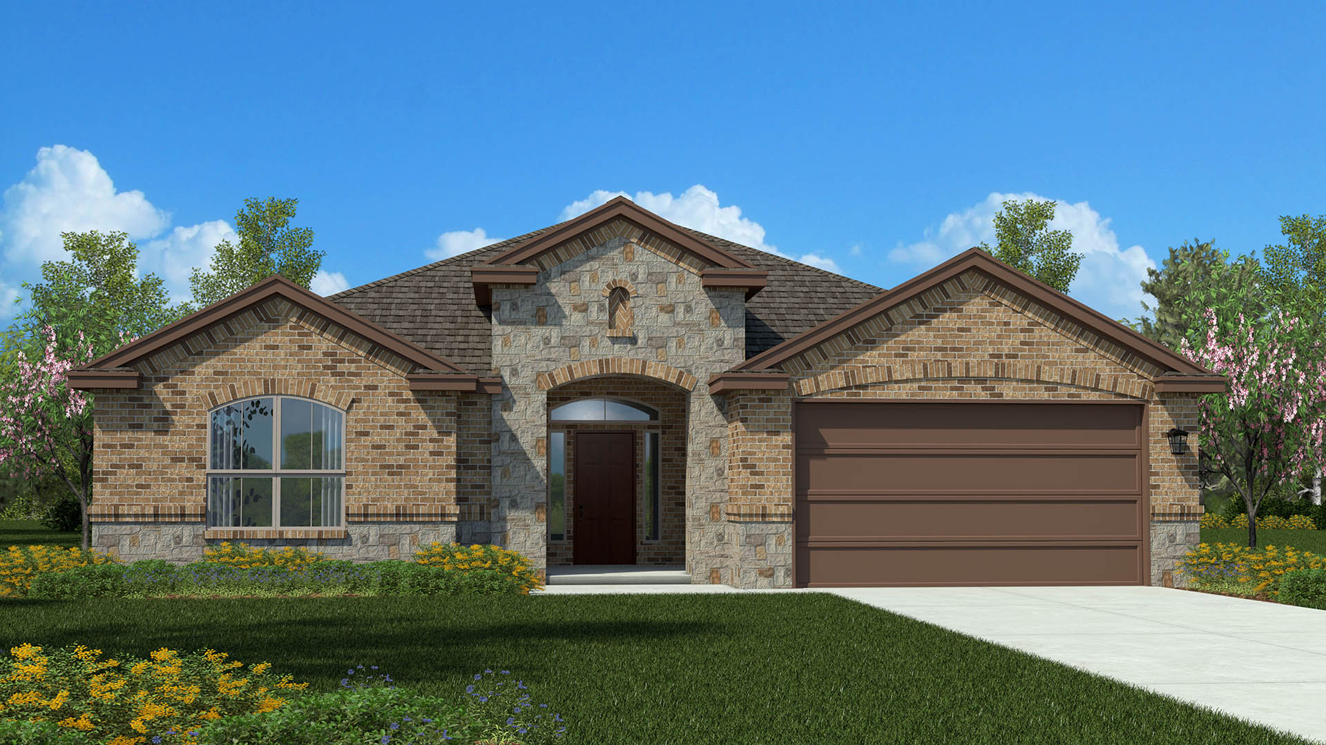 Exterior rendering of single story modern brick style home