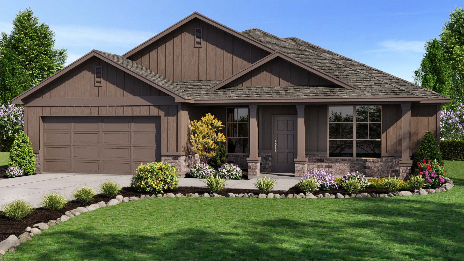 Farmhouse-inspired design featuring vertical siding accents, brick details, and a welcoming covered front porch.