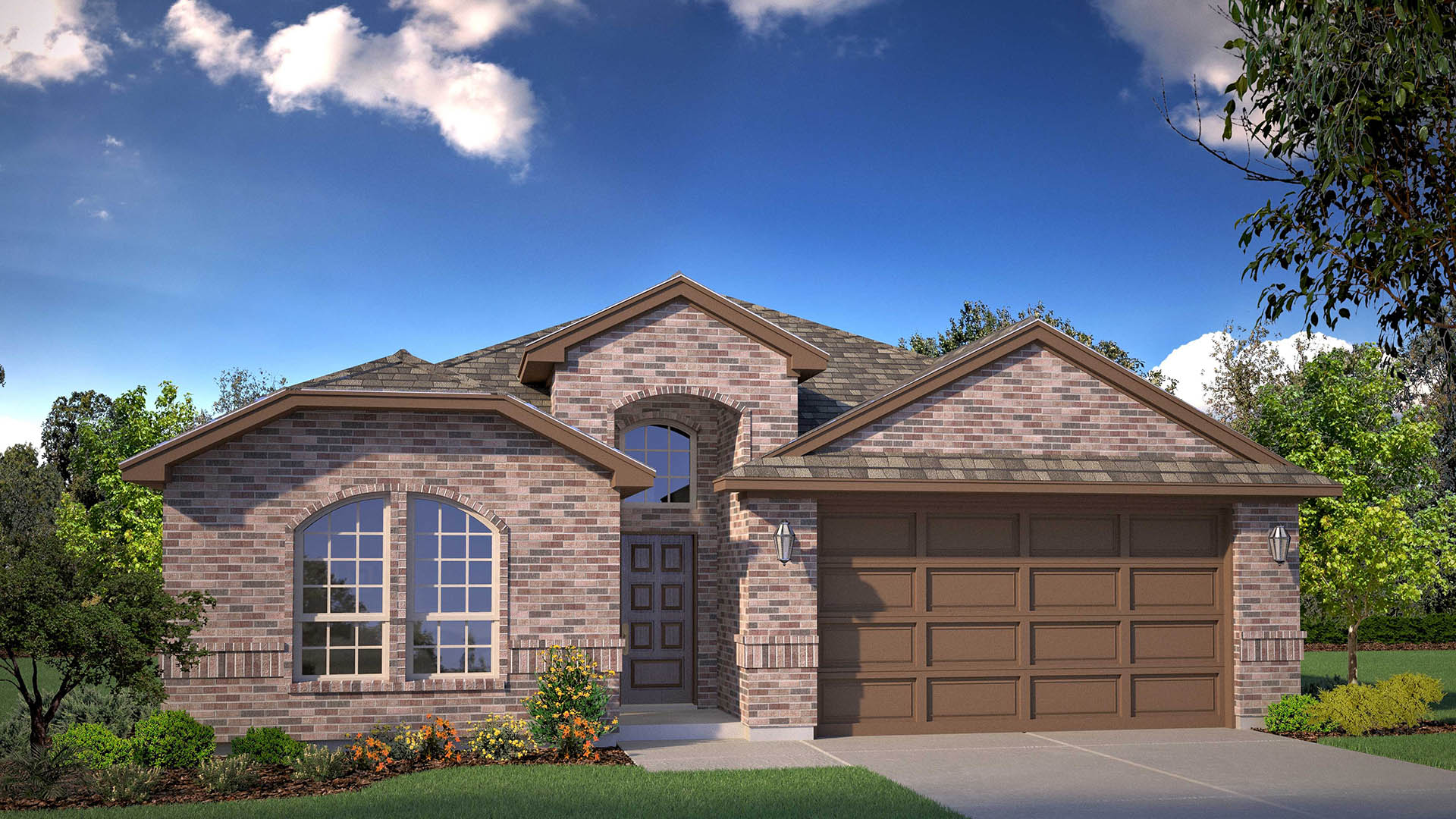 Exterior rendering of single story modern brick style home