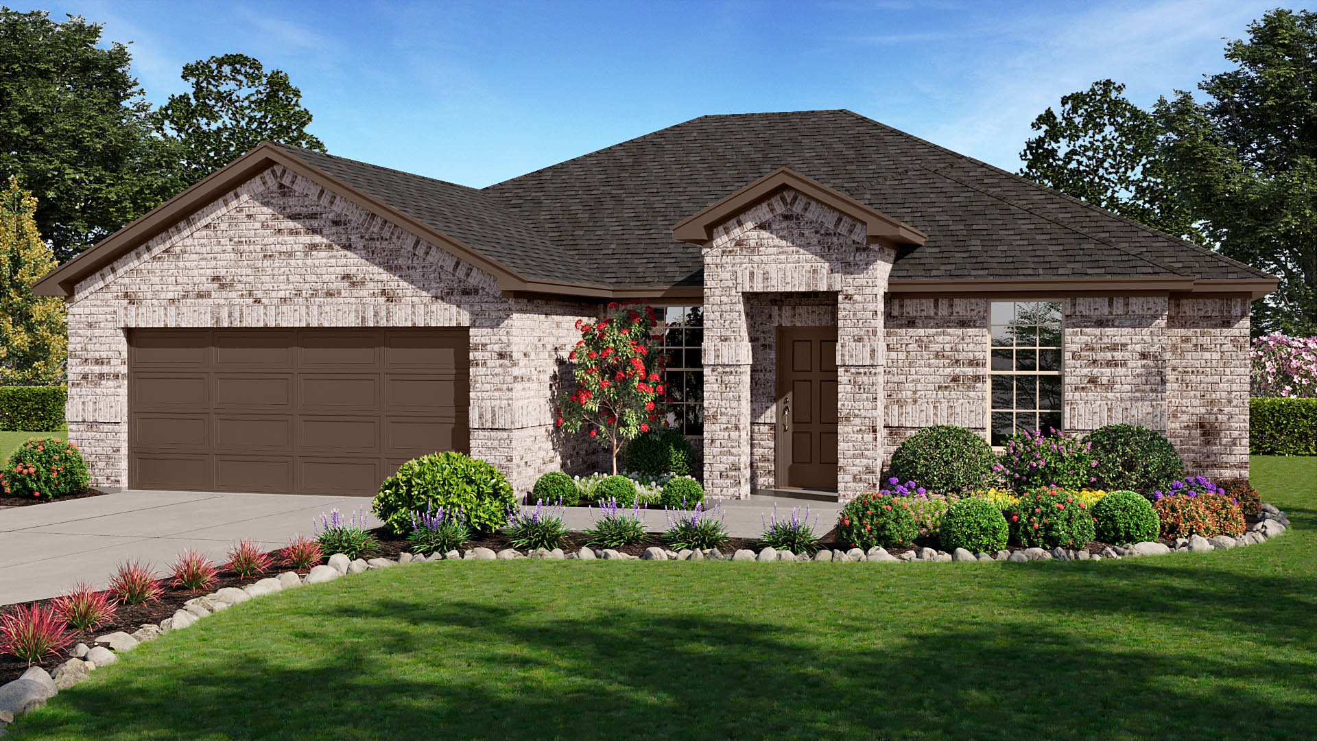 Classic brick exterior with a covered entry, charming architectural details, and a two-car garage for timeless curb appeal.