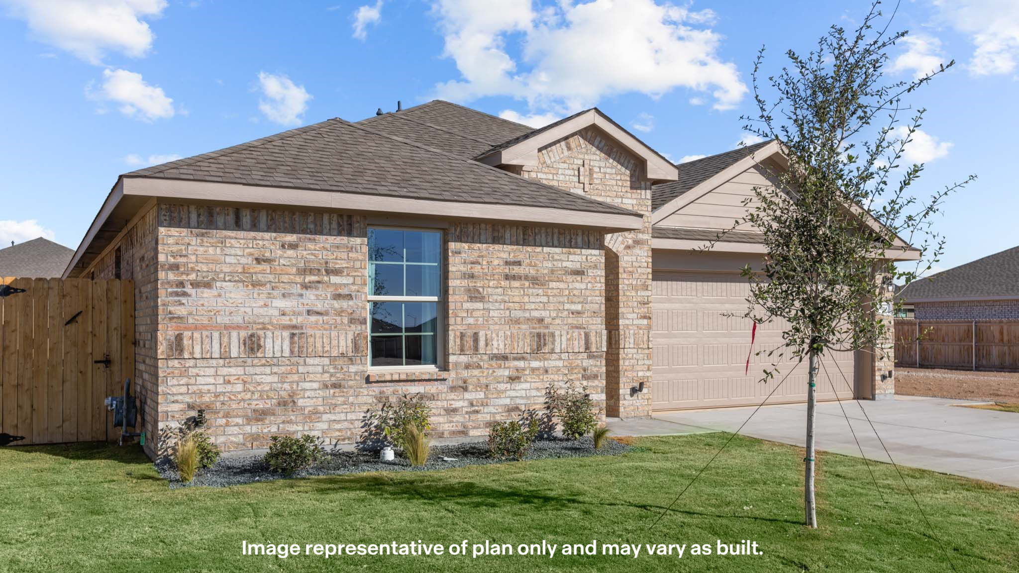 Side view of single story timeless brick home