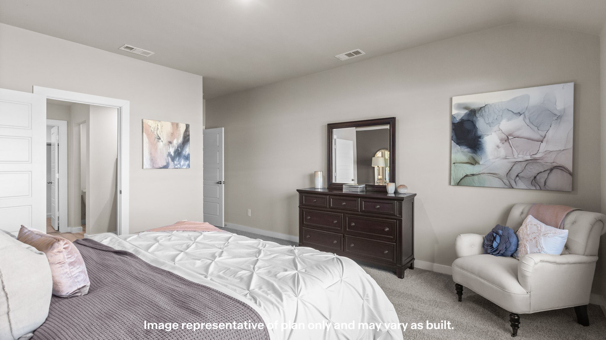 Primary bedroom with plush carpet floors and light allowing double windows