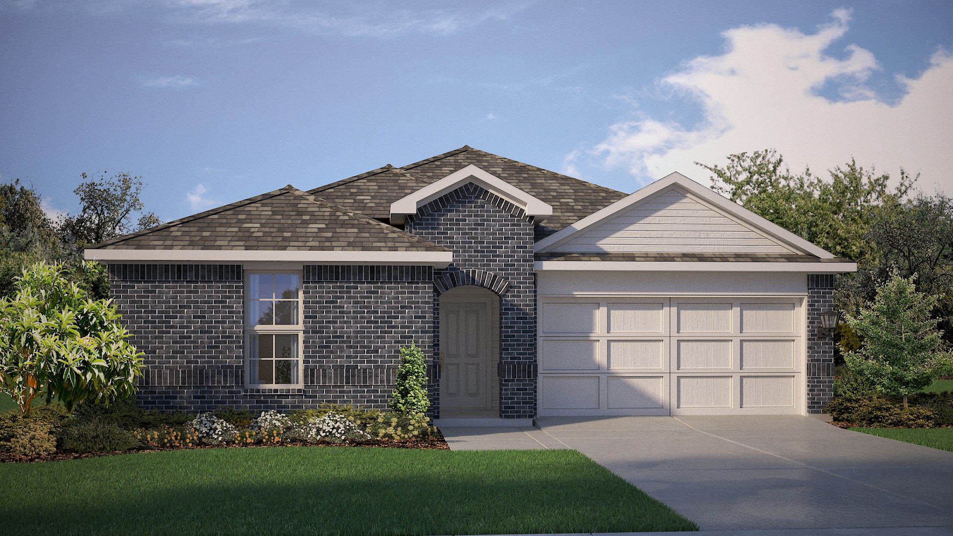 Side view of single story timeless brick home