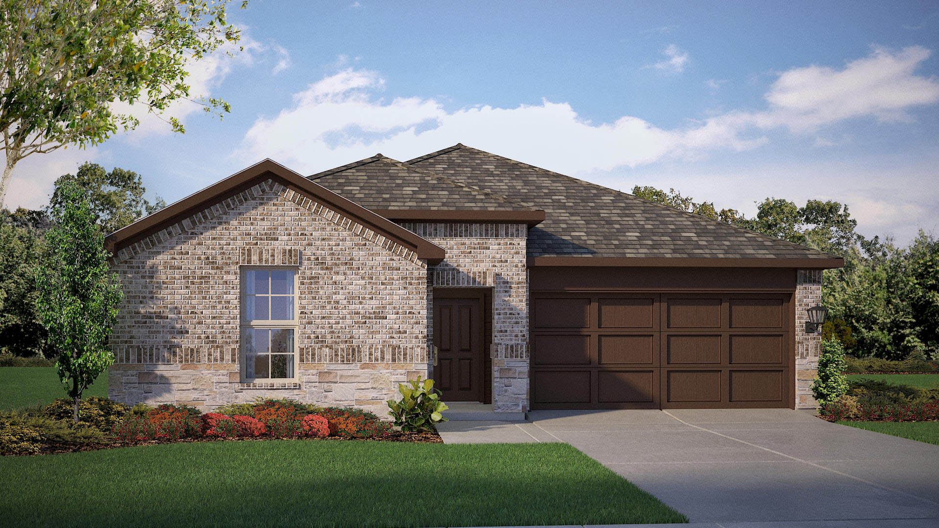 Exterior rendering of single story modern brick style home