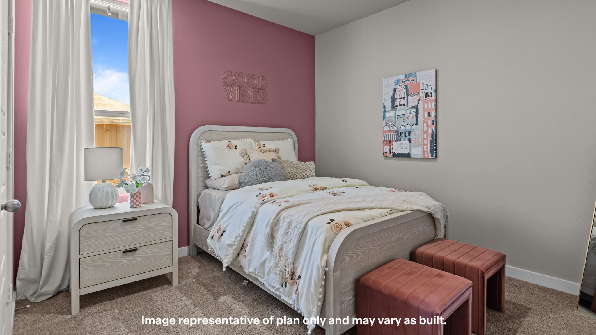 Guest bedroom 2 with side window and plush carpet floor