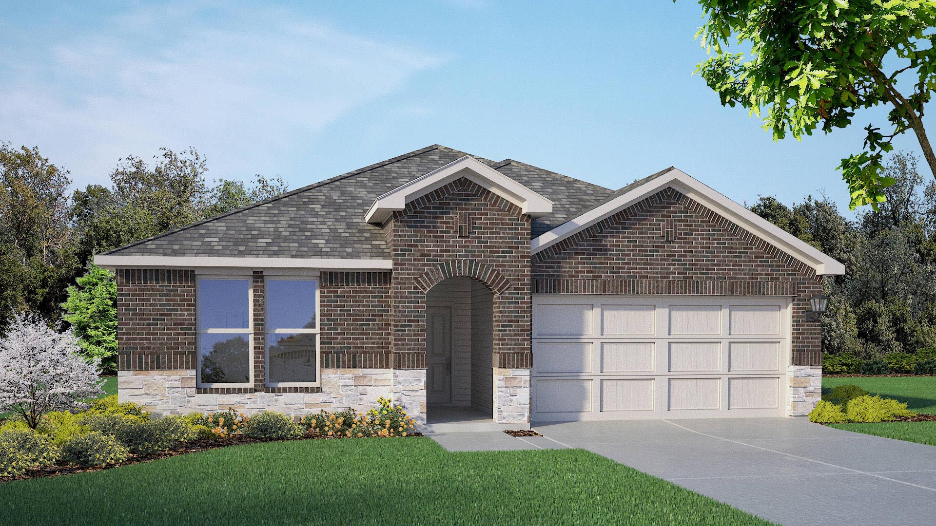 Exterior rendering of single story modern brick style home