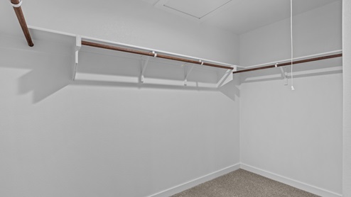 Primary walk-in closet attached to primary bedroom and bathroom