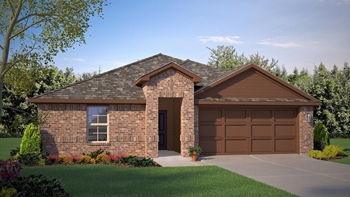 Exterior rendering of single-story modern brick home with front garage