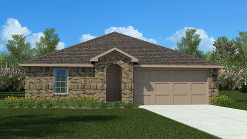 Exterior rendering of single-story modern brick home with front facing garage and spacious front room with front facing windows