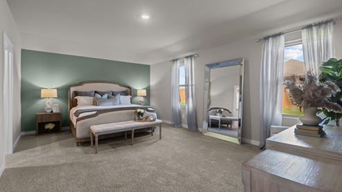 Primary bedroom with colorful accent wall and plush carpet