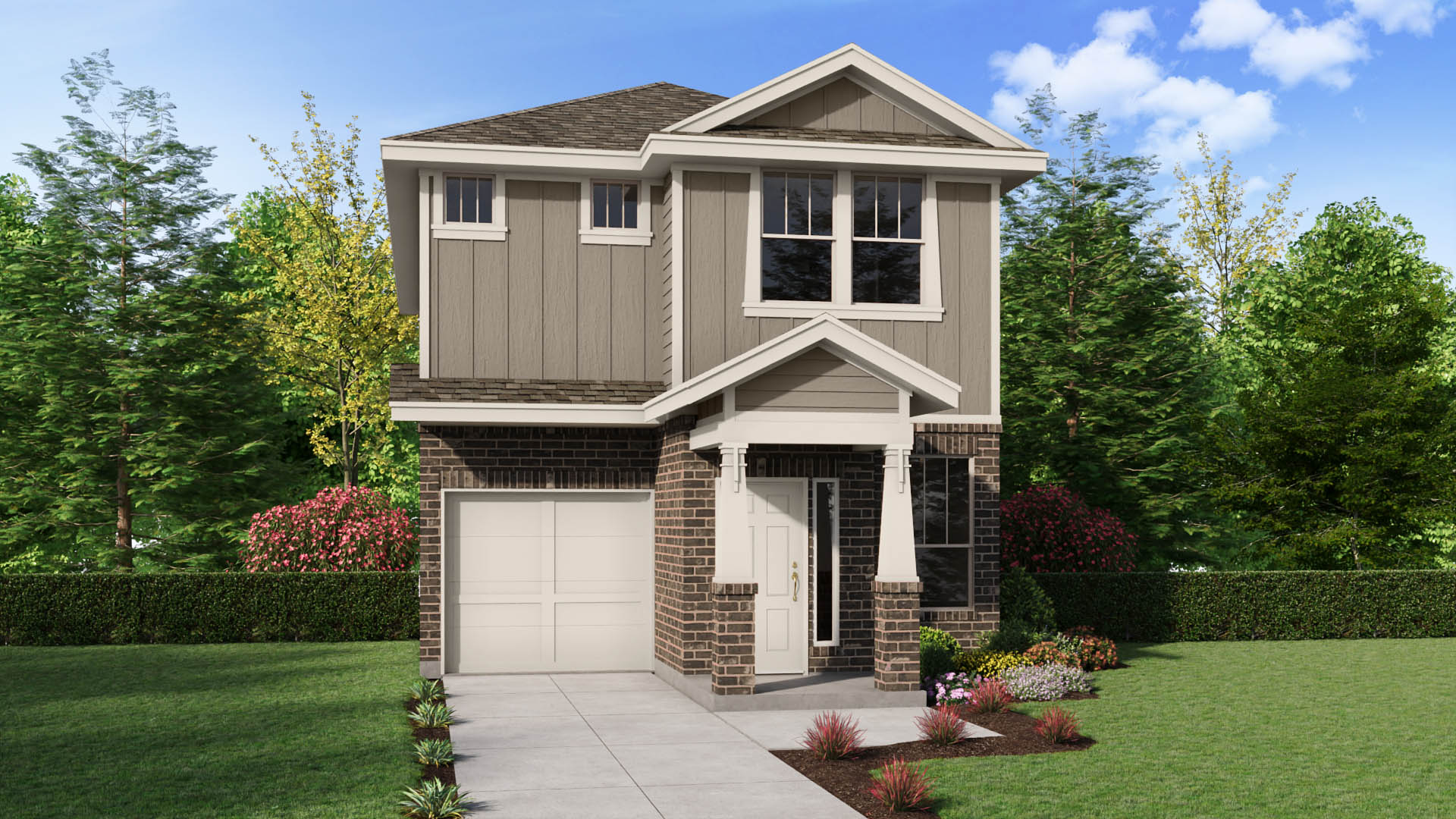 A modern two-story exterior featuring deep blue-gray siding, contrasting vertical accents, white trim, brick detailing, and a two-car garage.
