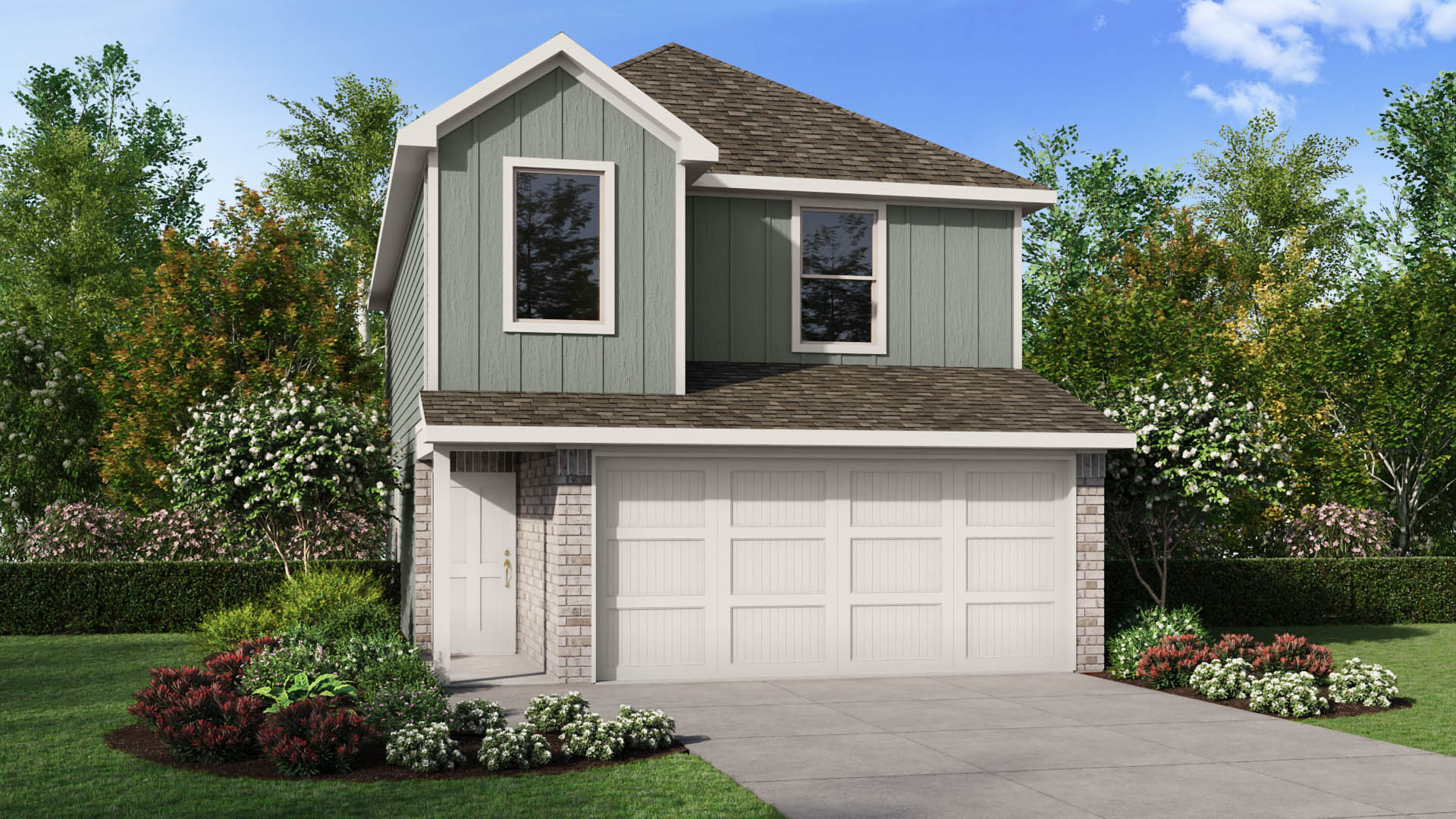 A welcoming two-story design with warm neutral siding, mixed horizontal and vertical textures, white trim, and a two-car garage.