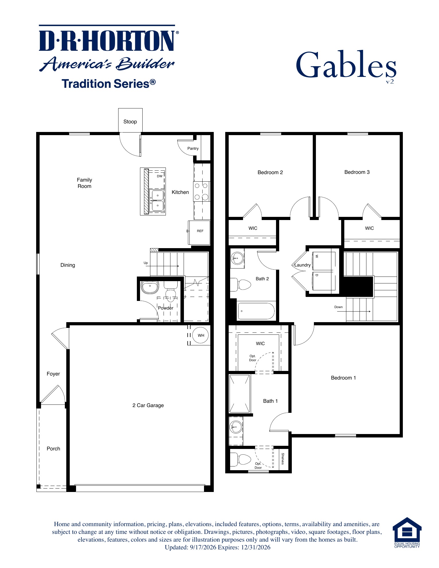 A thoughtfully designed two-story home featuring three bedrooms, two full baths, a powder bath, open family and dining spaces, walk-in closets, and a two-car garage.