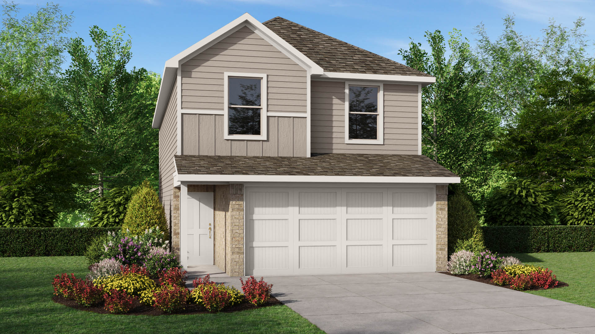 A charming two-story exterior featuring layered gables, neutral siding, white architectural accents, brick details, and a two-car garage.