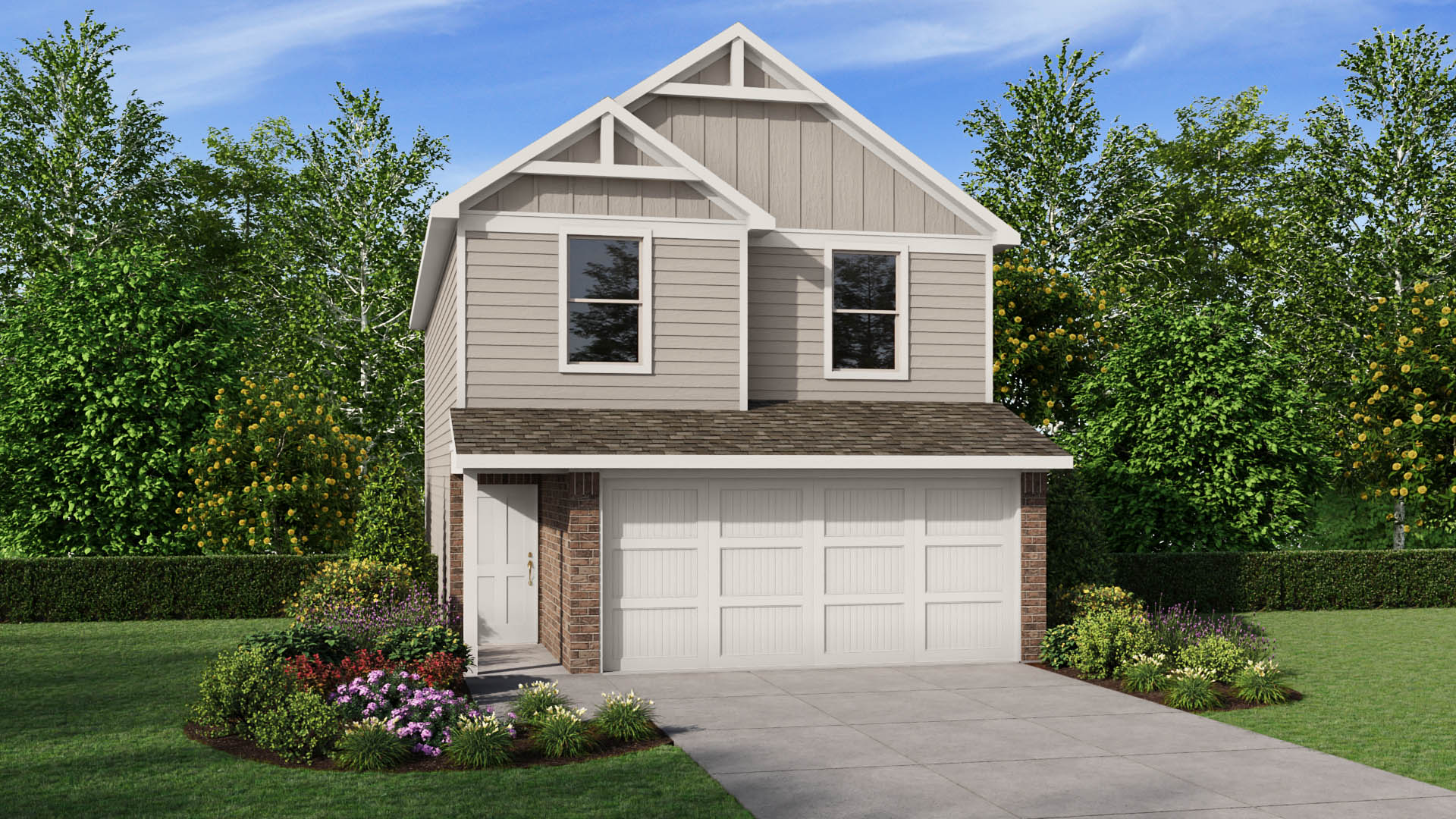A contemporary two-story design with rich taupe siding, contrasting vertical accents, a decorative gable, and a two-car garage.