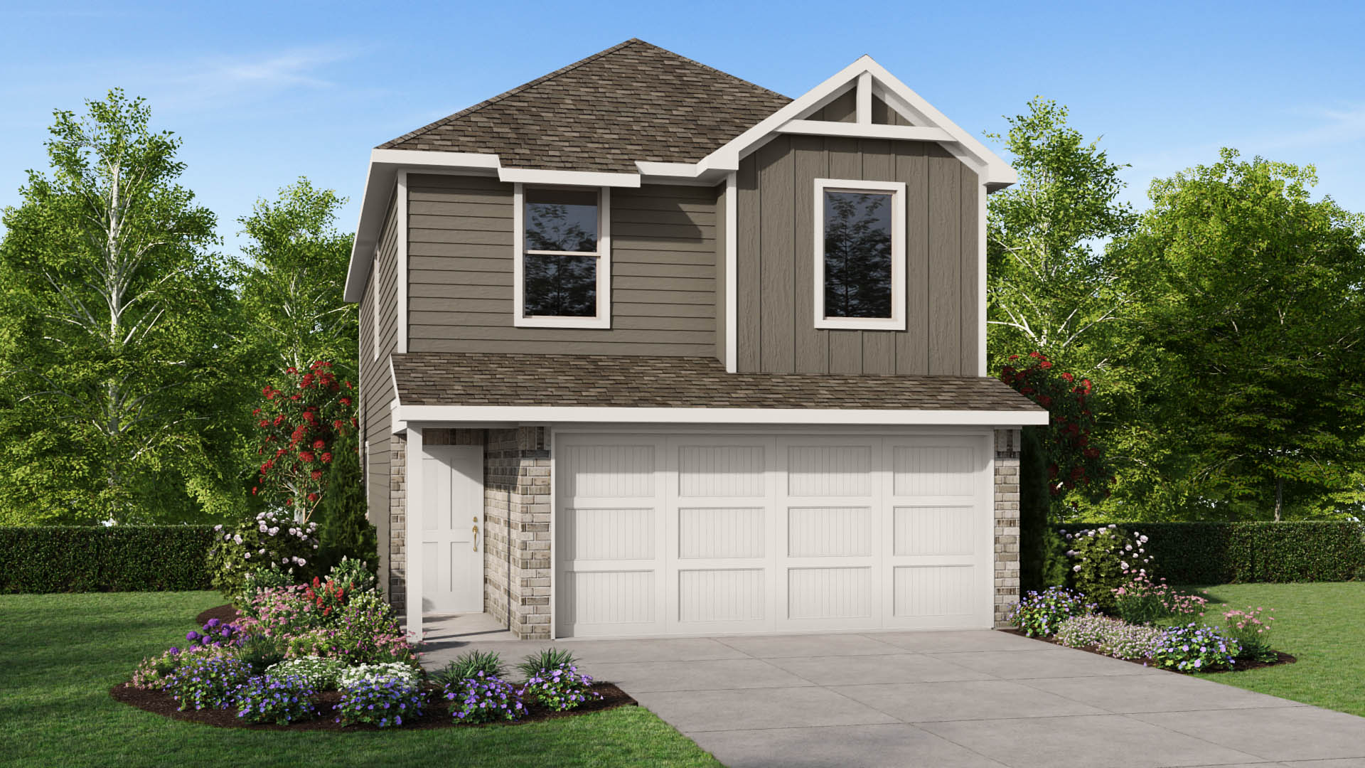 A fresh two-story exterior featuring light blue-gray siding, prominent dual gables, crisp white trim, and subtle brick accents.