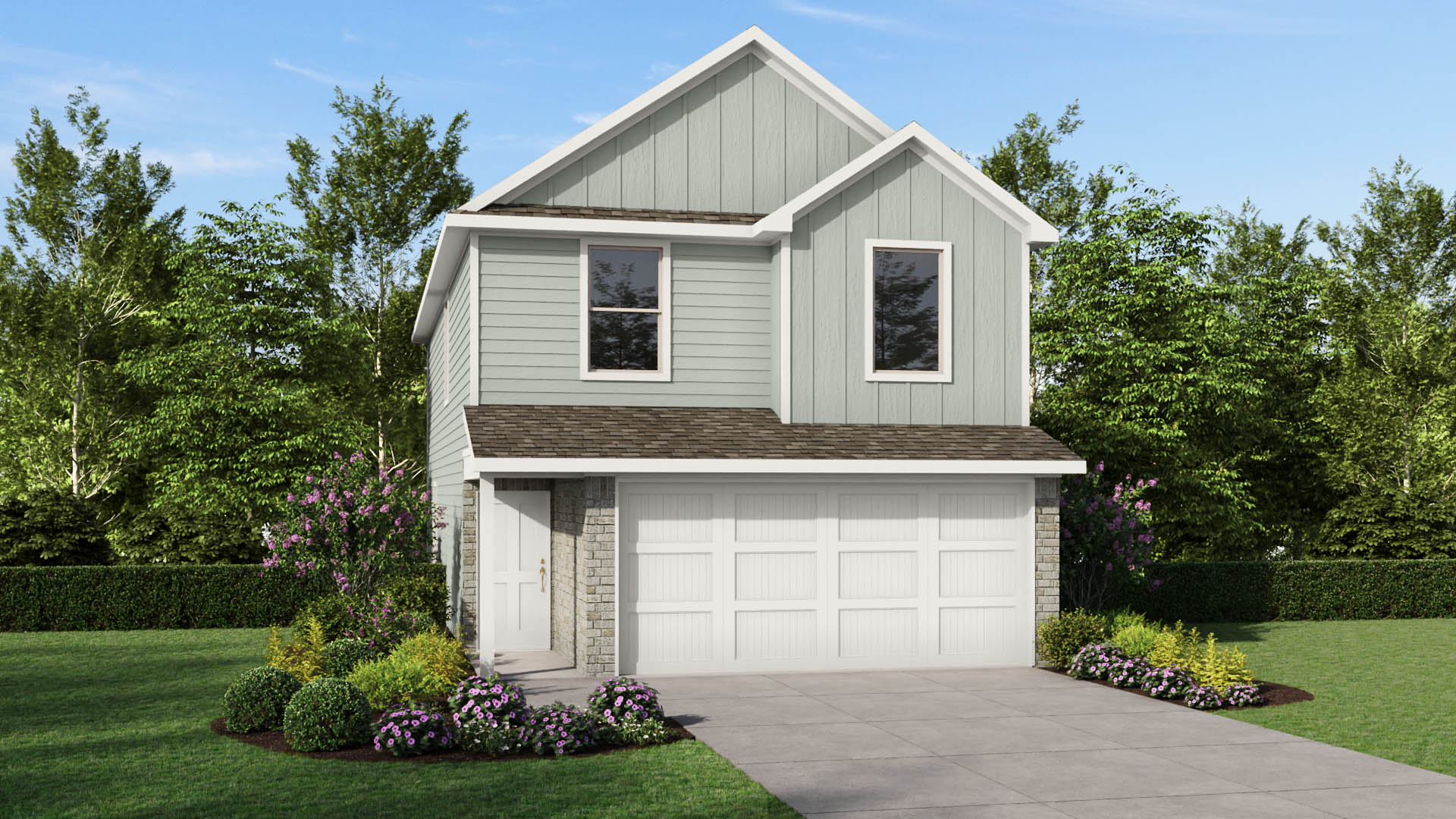 A distinctive two-story design featuring a covered front entry, dark brick on the first floor, warm neutral siding, and a one-car garage.