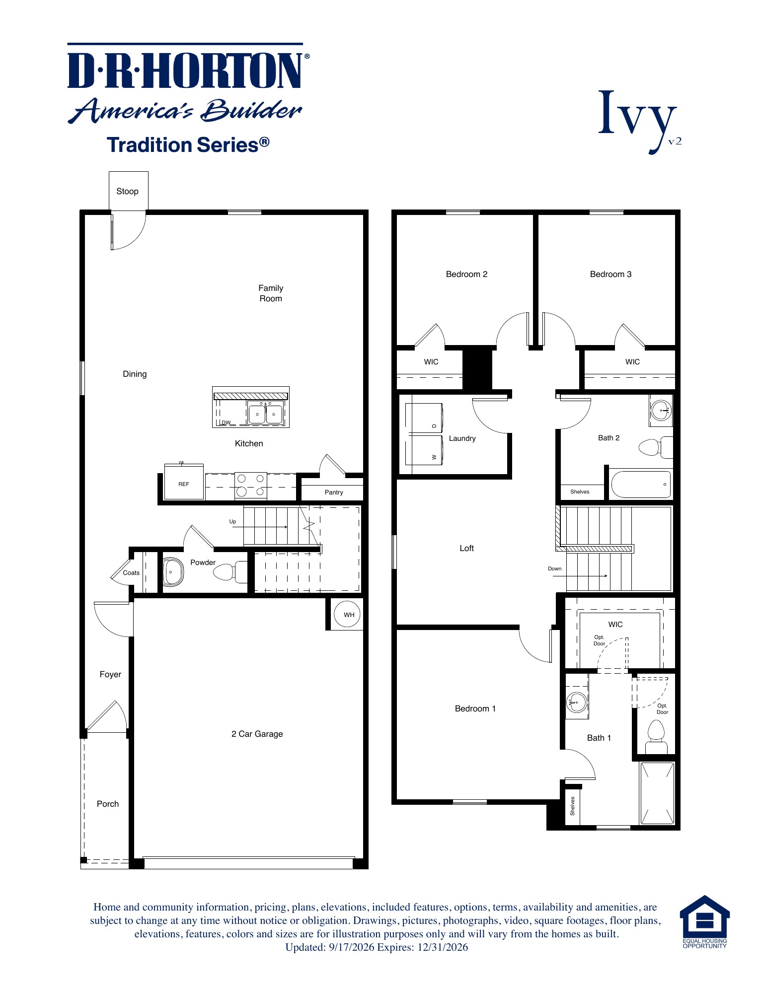 A versatile two-story home featuring three bedrooms, two full baths, a powder bath, an upstairs loft, open family and dining spaces, and a two-car garage.