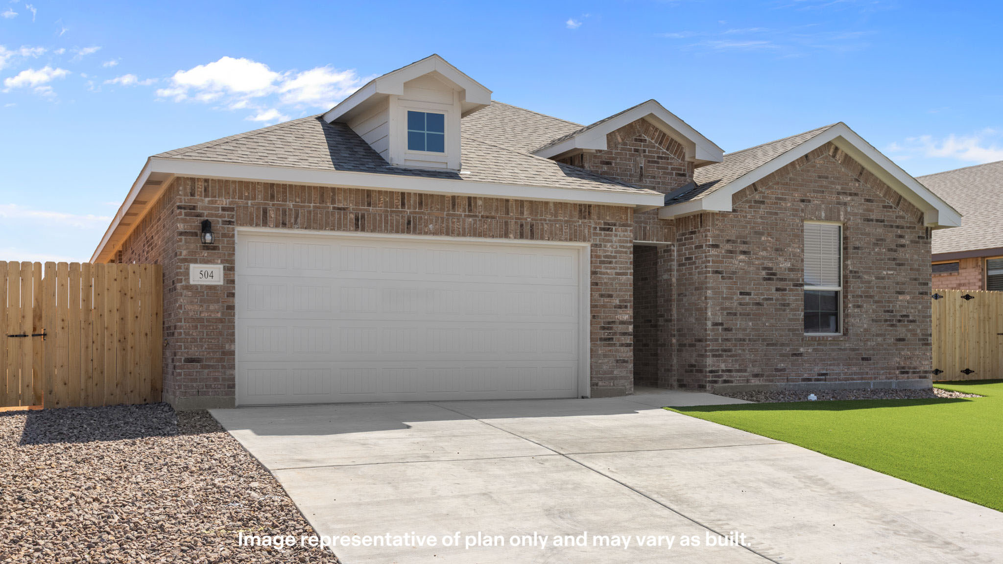 Side view of single story timeless brick home