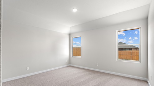 small, empty room with beige carpet, white walls, a single window showing an outside view, a closed door on one wall, and a ceiling light fixture.