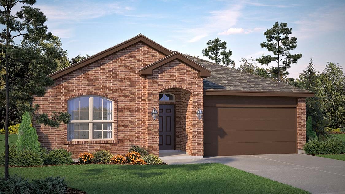 Rendering of Front exterior with brick façade, covered entry, and two-car garage.