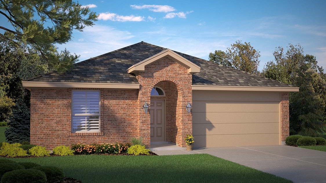 Rendering of Front exterior with brick façade, covered entry, and two-car garage.