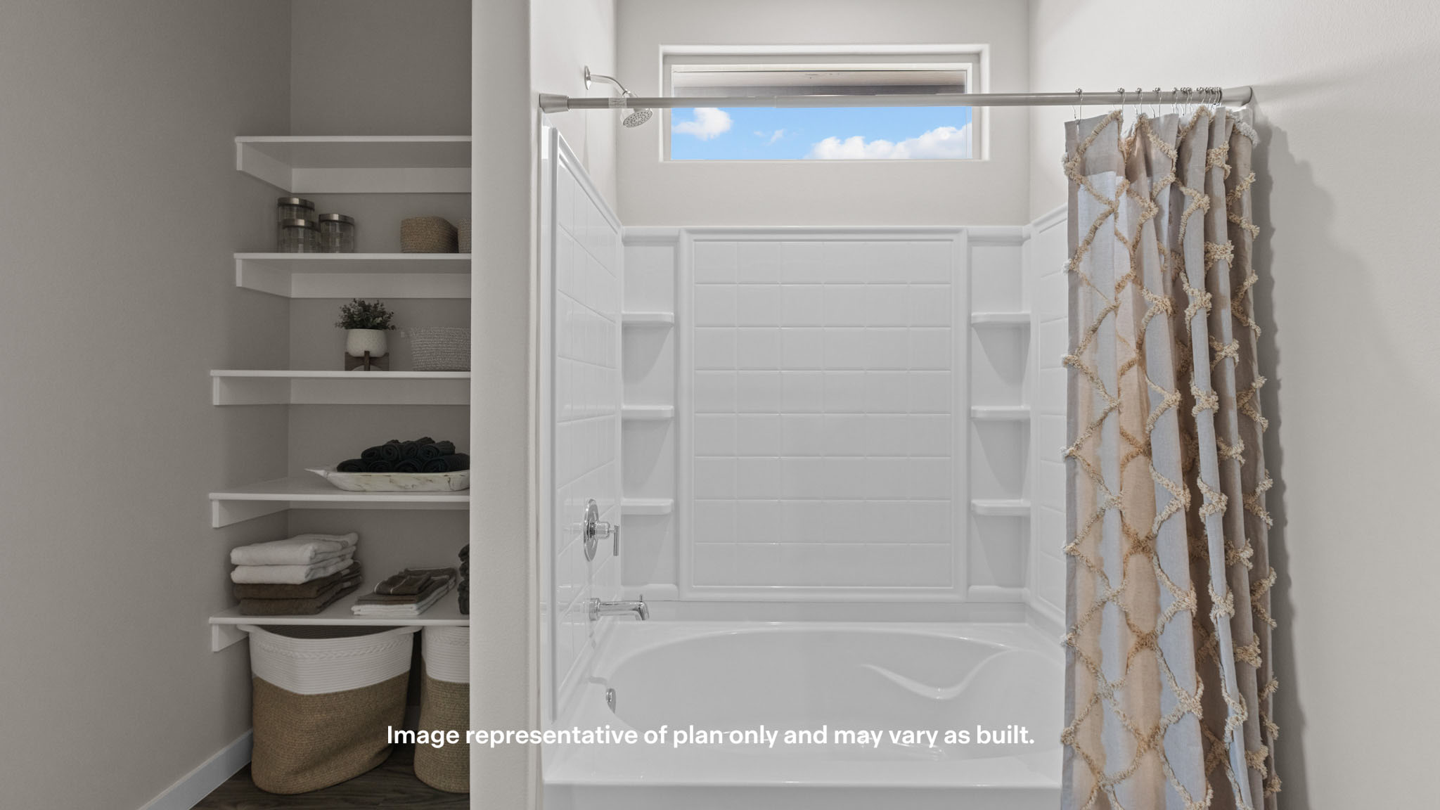 Primary bathroom with luxurious shower and built in storage