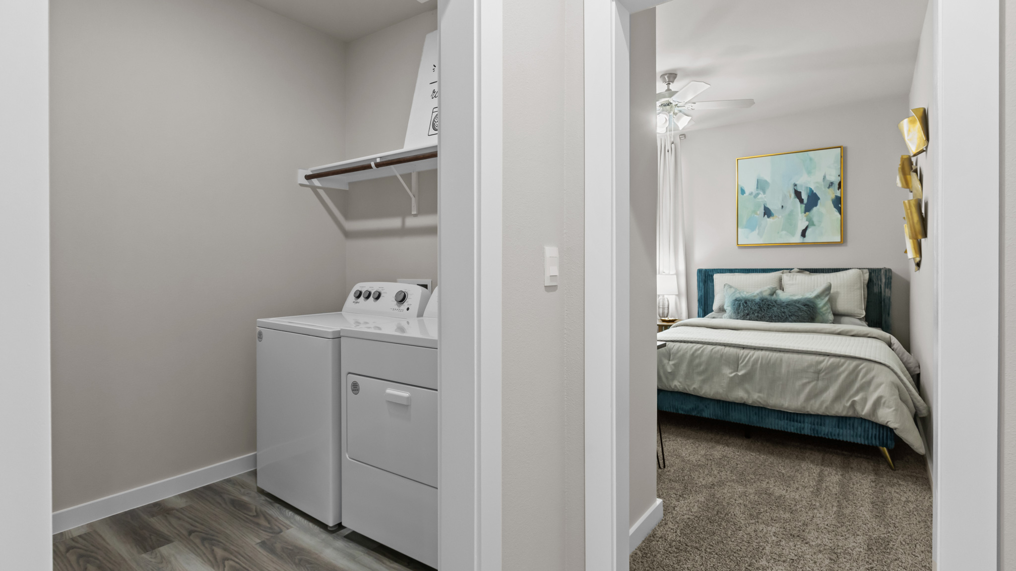 Hallway to laundry room and guest bedroom