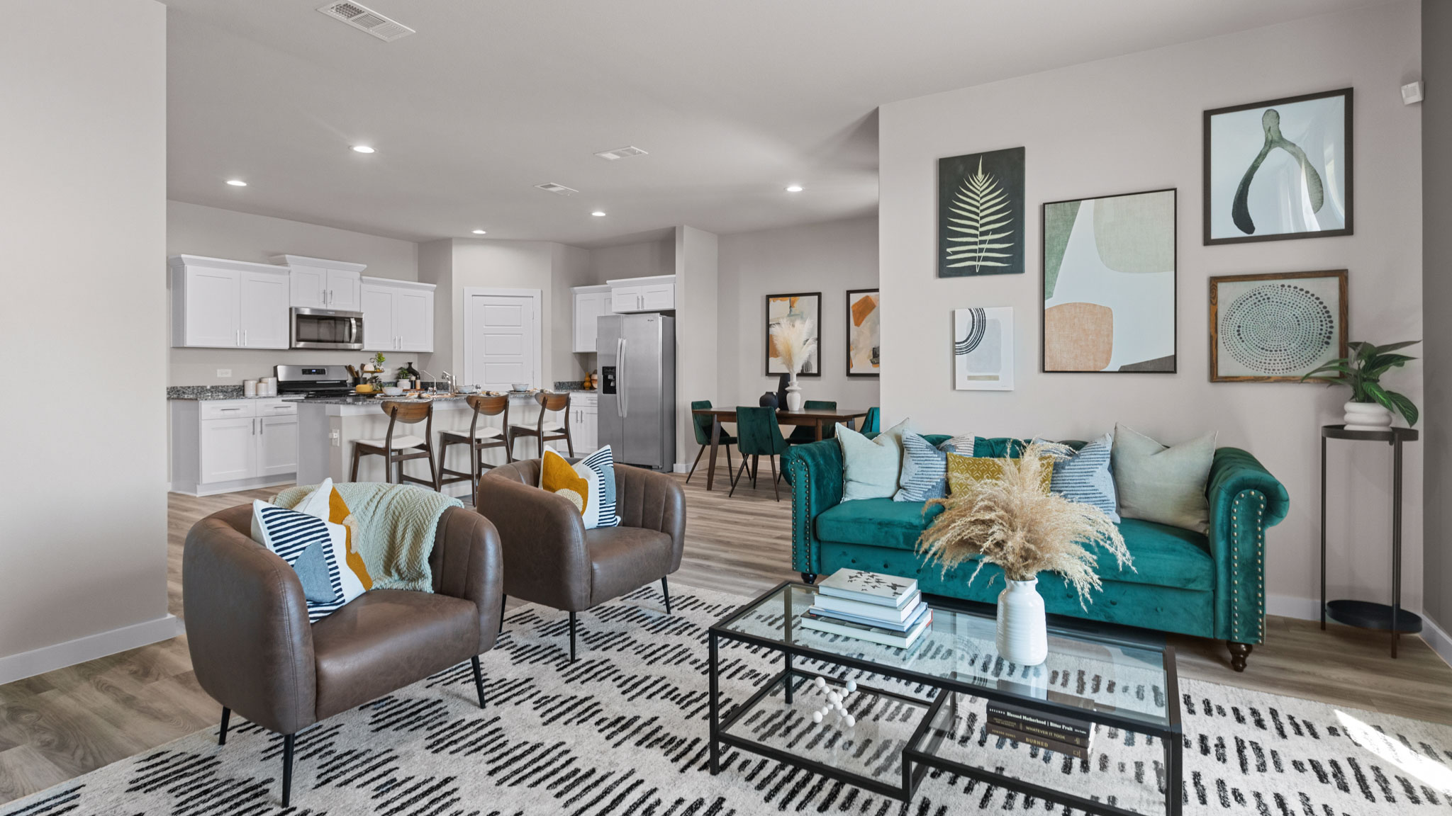 Open concept living and family area adjacent to kitchen and dining area