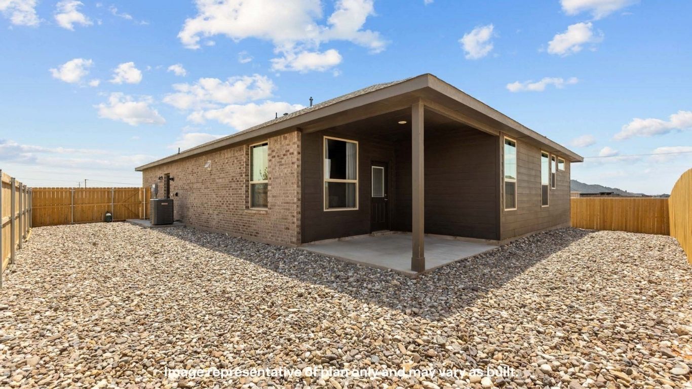 Exterior backyard view with covered patio and low-maintenance landscaping.