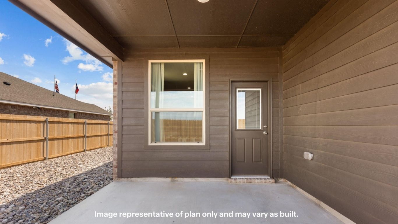 Covered patio area with concrete slab and fenced backyard.