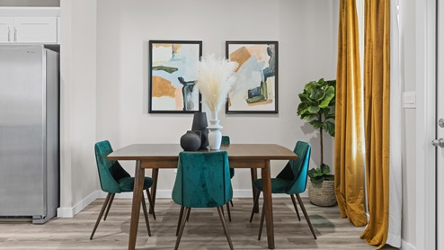 Modern open concept dining area adjacent to kitchen beautifully decorated with pops of color
