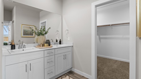 Primary bathroom attached to primary bedroom with double sinks on vanity