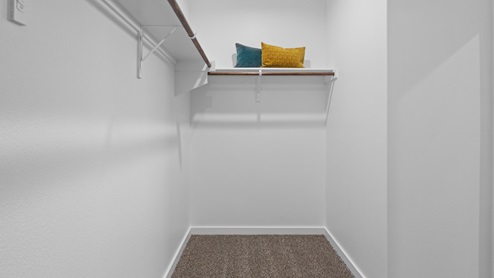 Primary bedroom walk-in closet attached to primary bathroom