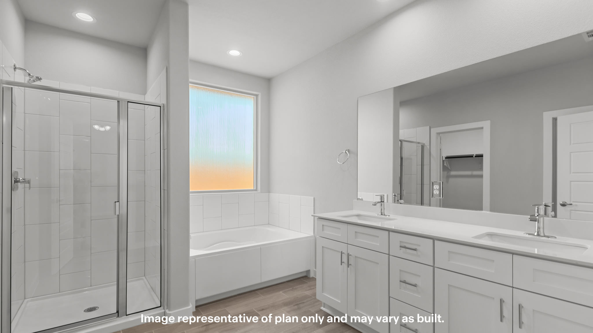 Primary bathroom with luxurious shower and built in storage