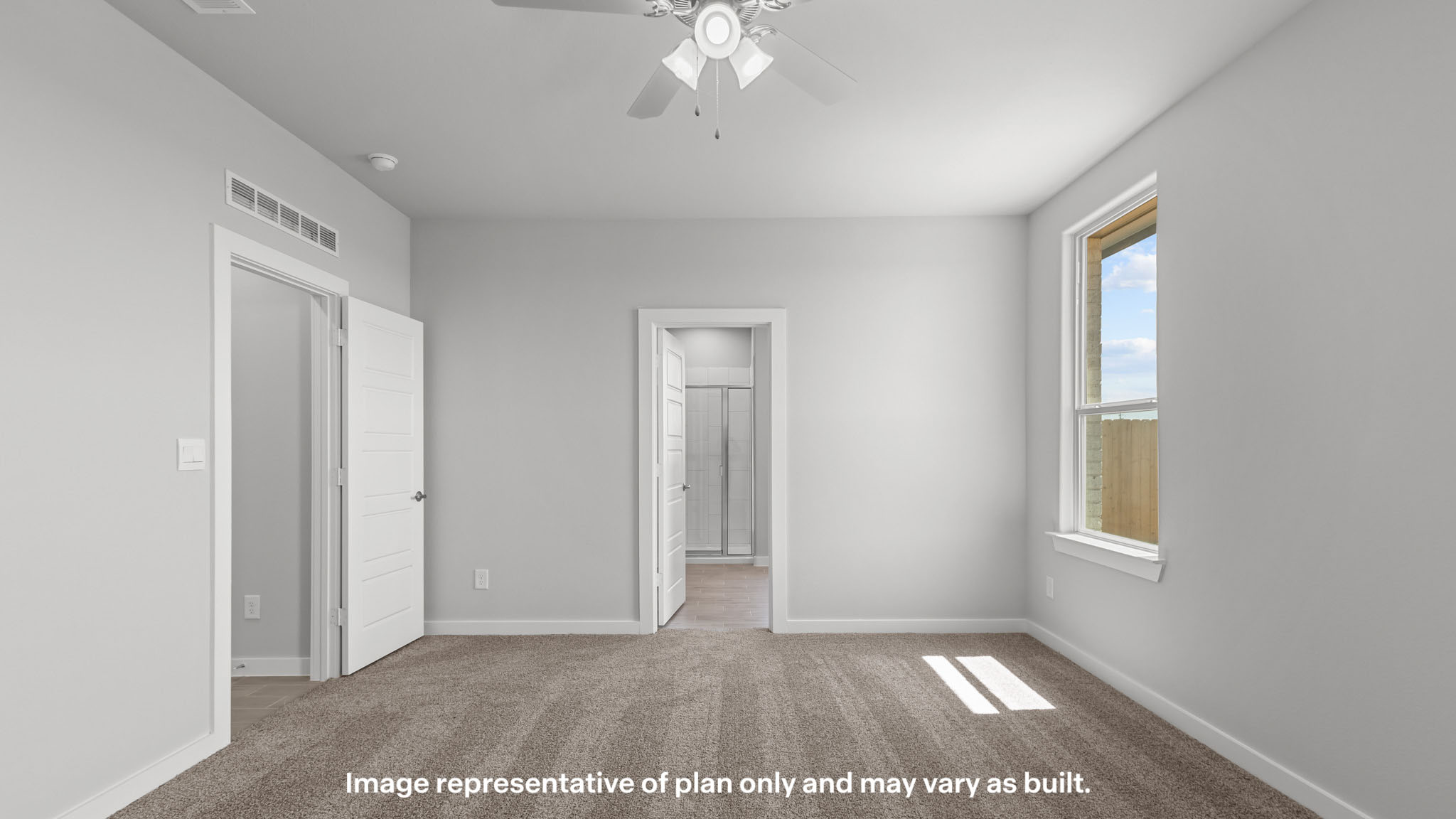 Primary bedroom with private attached bathroom and walk-in closet