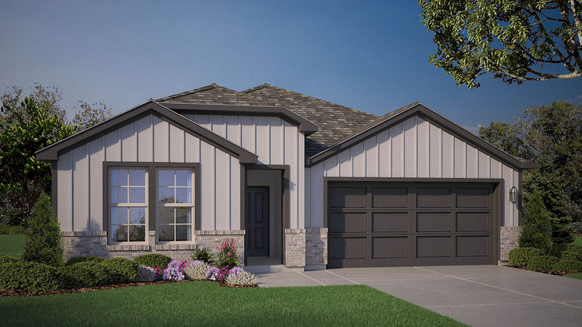 Exterior rendering of single story farmhouse style home