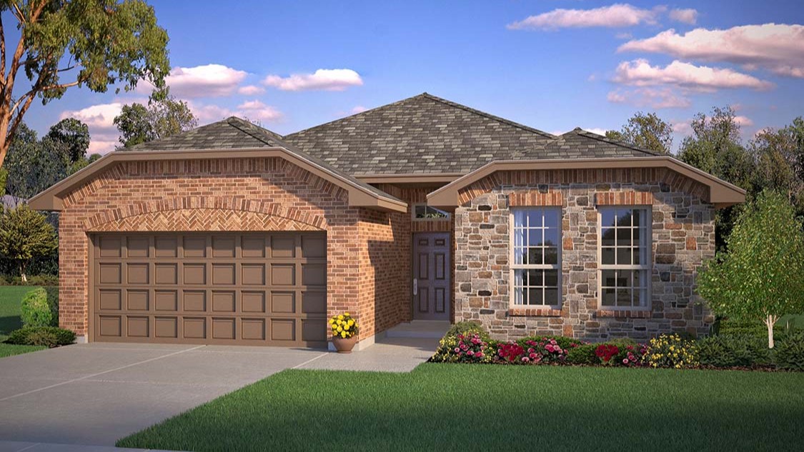 Rendering of exterior of single story modern brick style home