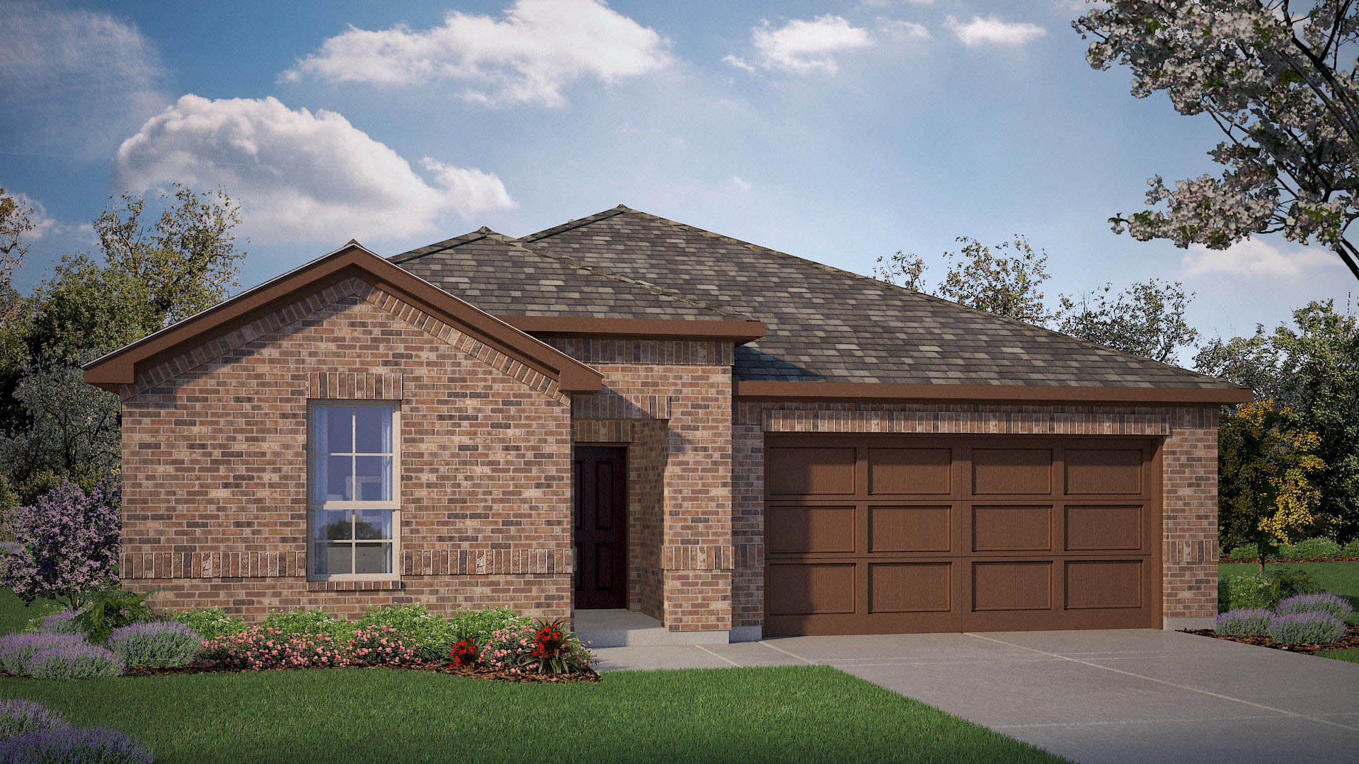 Exterior rendering of single-story modern brick home with dark accents