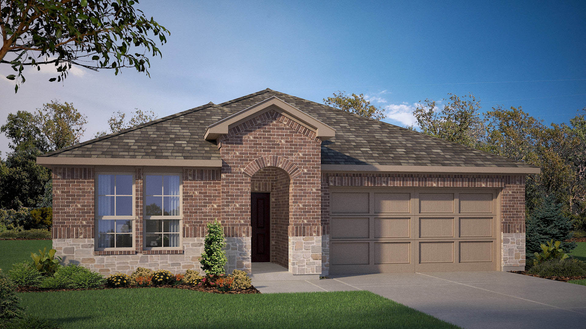Exterior rendering of timeless brick home with light stone accents