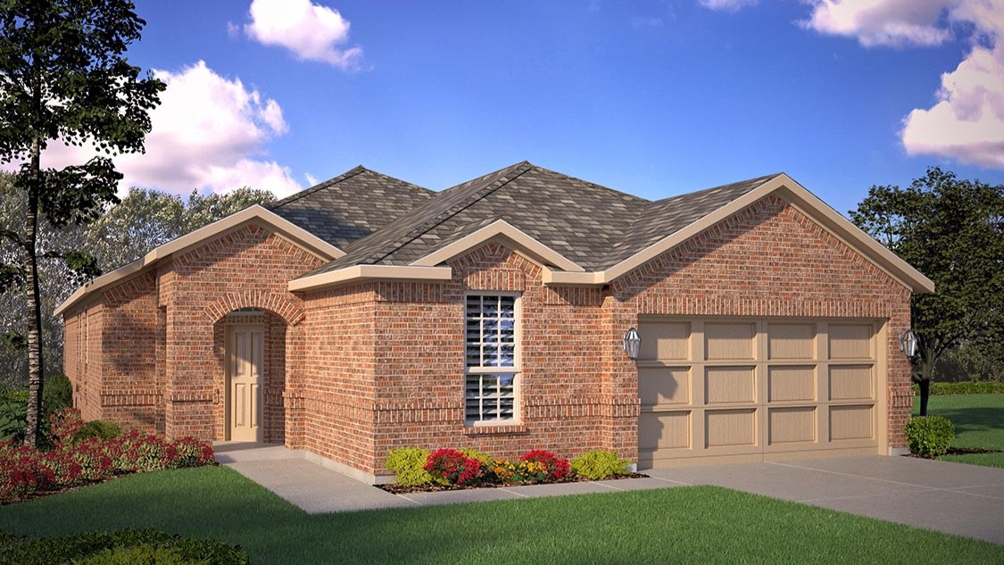 Exterior rendering of large single-story home with timeless brick exterior