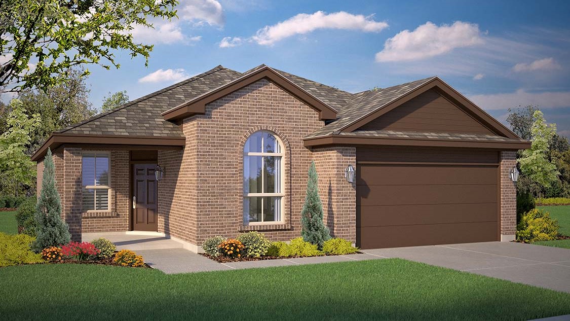 Exterior rendering of single-story modern brick home with large front room