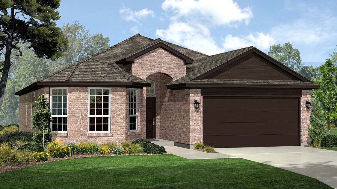 Exterior rendering of single-story modern brick home with unique bow window design