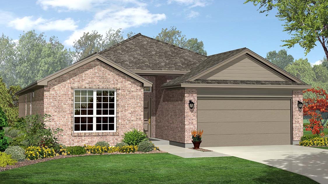 Exterior rendering of single-story timeless brick home with spacious front area